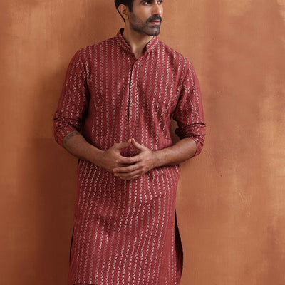 trueBrowns Men's Rust Cotton Dobby Kurta