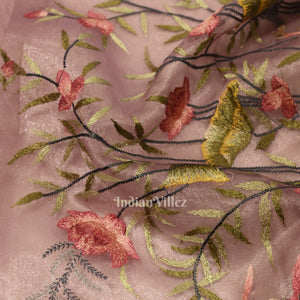 Baby Pink Floral Theme Kora Organza Banarasi Saree