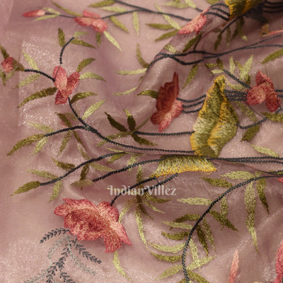 Baby Pink Floral Theme Kora Organza Banarasi Saree