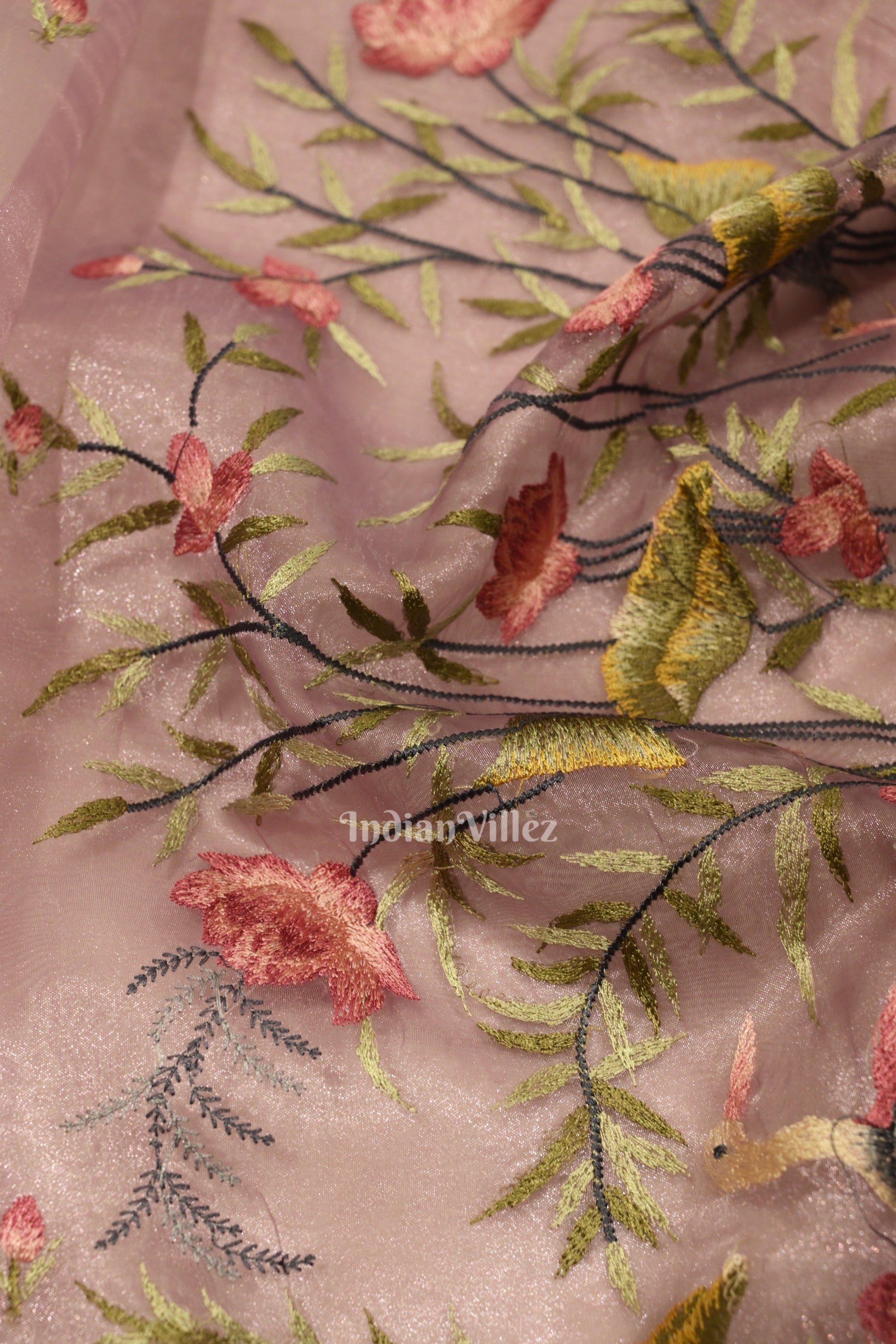 Baby Pink Floral Theme Kora Organza Banarasi Saree