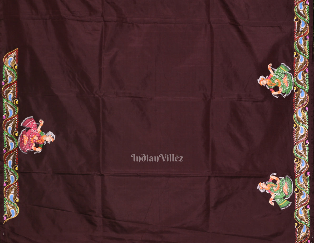 Red with Coffee Rasaleela Theme Hand-Painted Pattachitra Saree