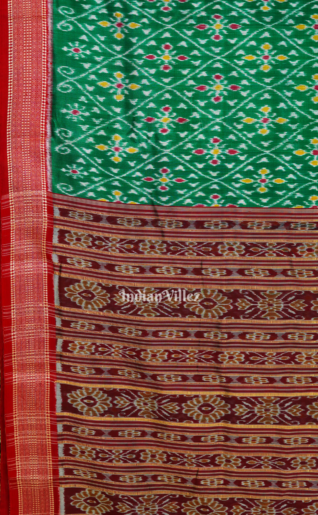 Dark Green Flower Motif Odisha Ikat Khandua Silk Saree