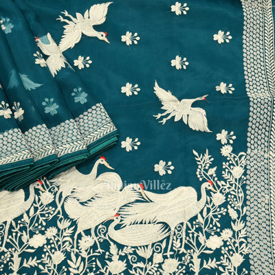 Rama Green Parsi Gara Floral Motif Hand Embroidered Saree