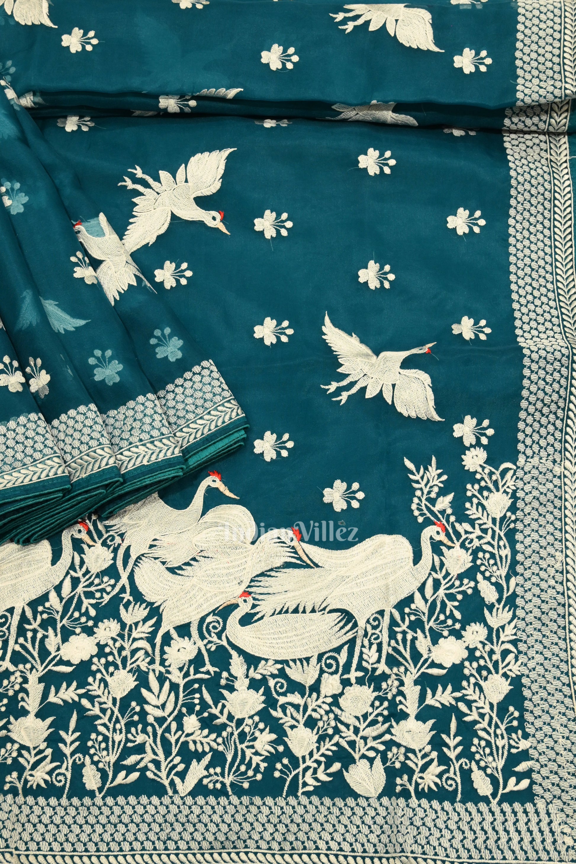 Rama Green Parsi Gara Floral Motif Hand Embroidered Saree