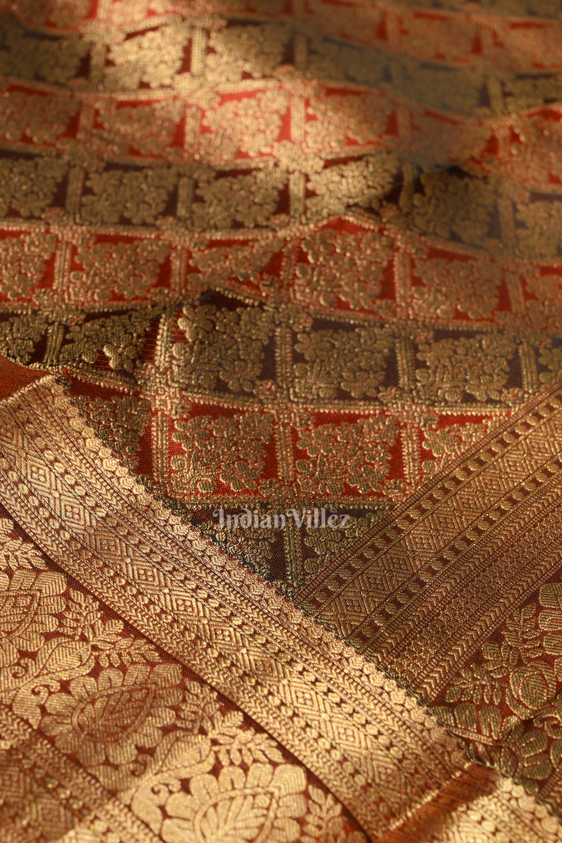 Dark Maroon Pure Brocade with Golden Broder  Bridal Kanjivaram Silk Saree