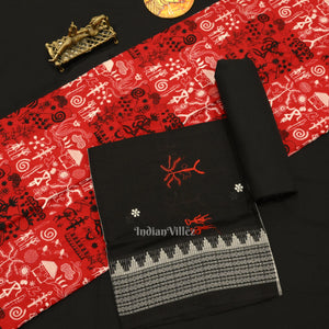 Red Black Tribal Design Sambalpuri Cotton Dress set with Dupatta
