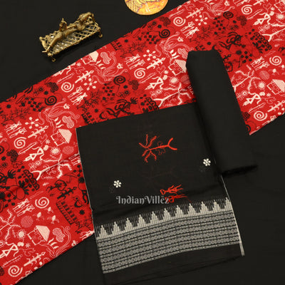 Red Black Tribal Design Sambalpuri Cotton Dress set with Dupatta