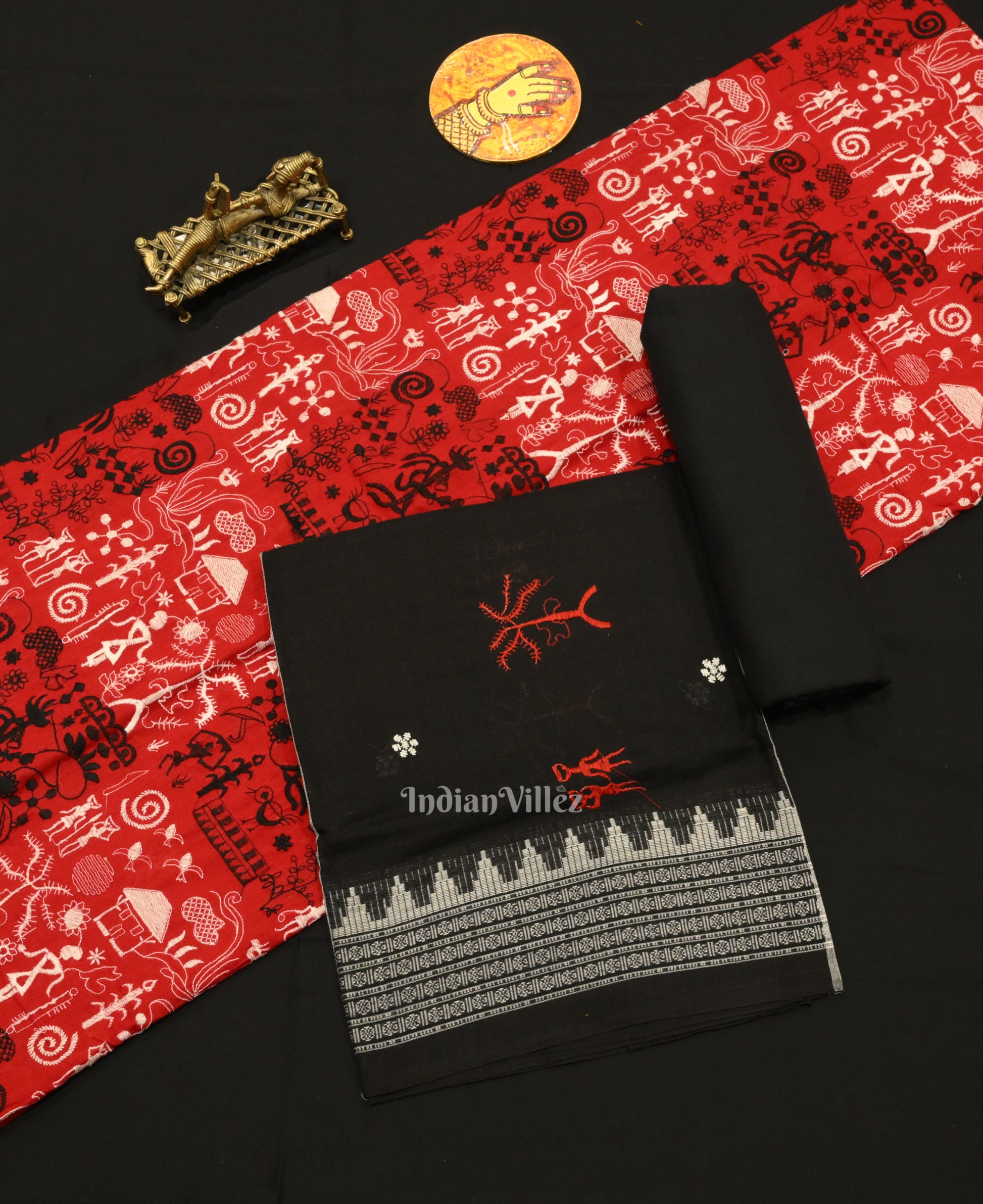 Red Black Tribal Design Sambalpuri Cotton Dress set with Dupatta