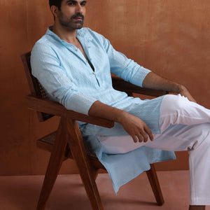 trueBrowns Men's Blue Sequin Chanderi Kurta