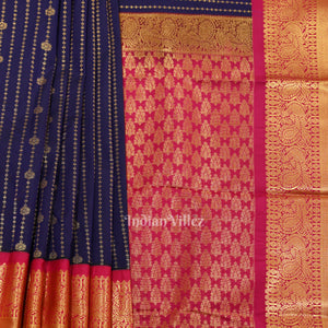 Deep Blue Rani Pink Pure Brocade Kanjivaram Silk Saree