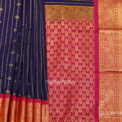 Deep Blue Rani Pink Pure Brocade Kanjivaram Silk Saree