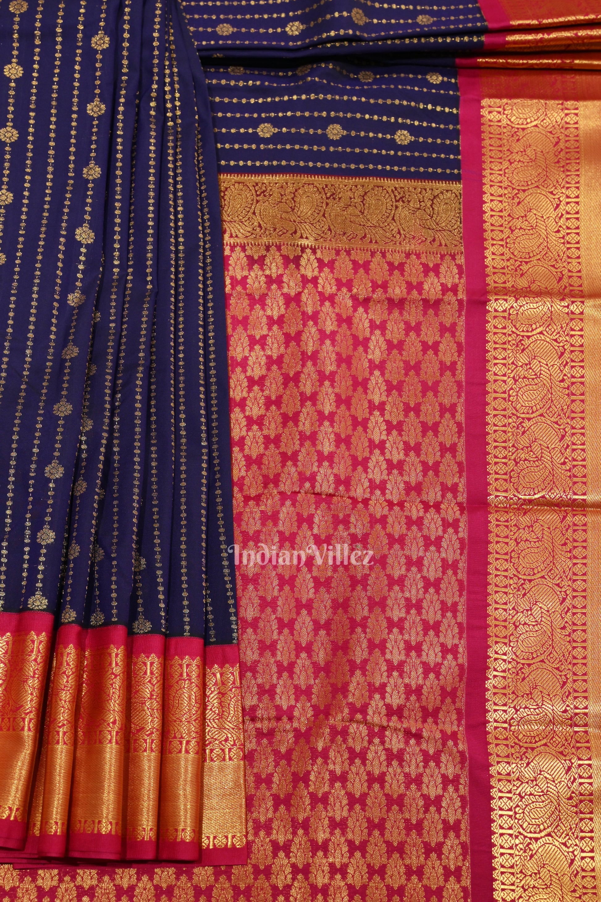 Deep Blue Rani Pink Pure Brocade Kanjivaram Silk Saree