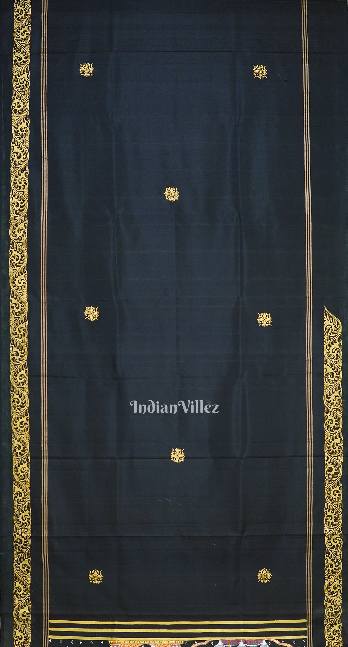 Black Rani Ramayana Theme Hand-Painted Pattachitra Saree