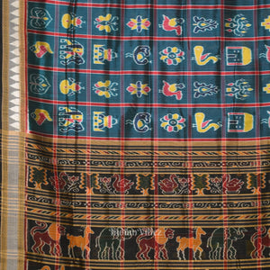 Teal Blue Nabakothi Odisha Ikat Khandua Silk Saree with Jungle Anchal