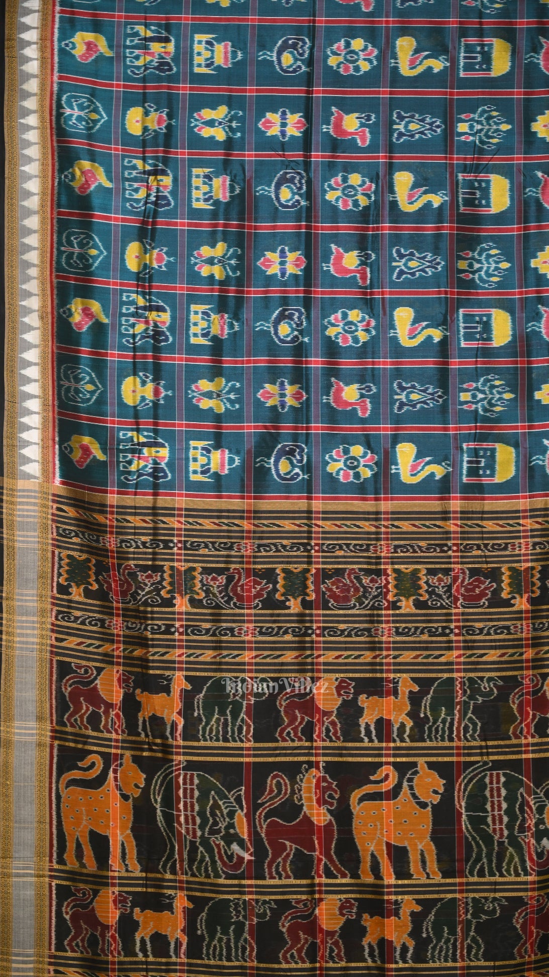 Teal Blue Nabakothi Odisha Ikat Khandua Silk Saree with Jungle Anchal