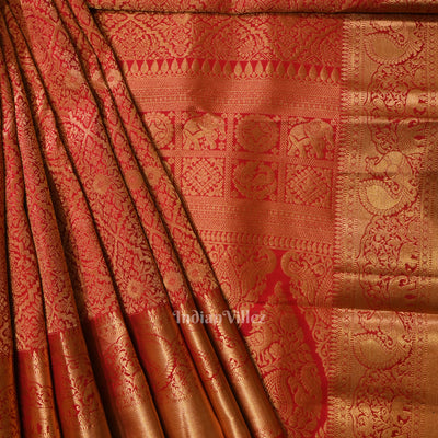 Bridal Red pure Kanjivaram Silk Saree with  Zari Brocade