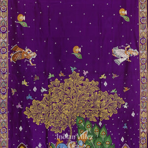 Purple Red Rasaleela Theme Hand-Painted Pattachitra Saree