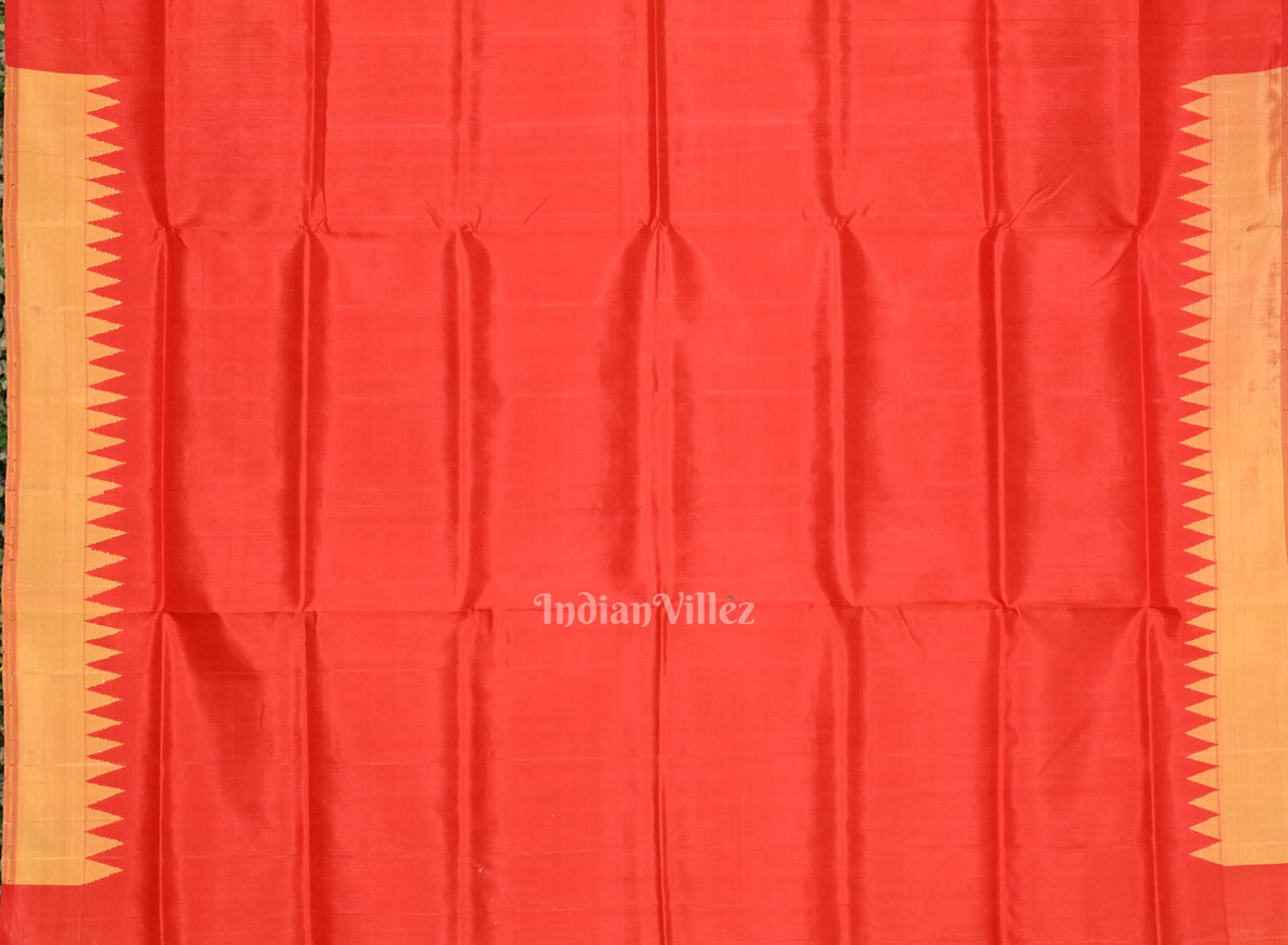 Golden Red Fish Motif Double Pallu Berhampuri Silk Saree