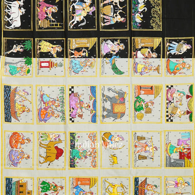 Silver Radha Krishna Villege Theme Hand-painted Pattachitra Saree