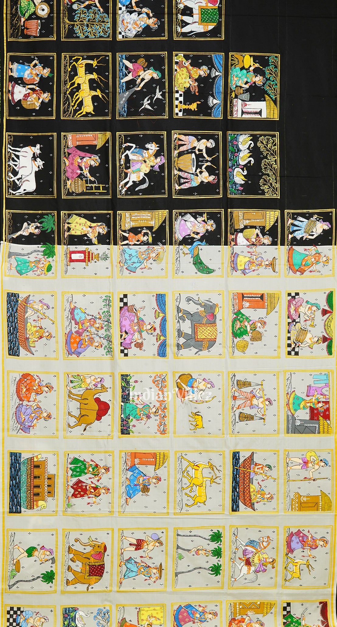 Silver Radha Krishna Villege Theme Hand-painted Pattachitra Saree