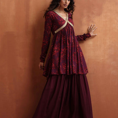 trueBrowns Purple Floral Print Sharara Set