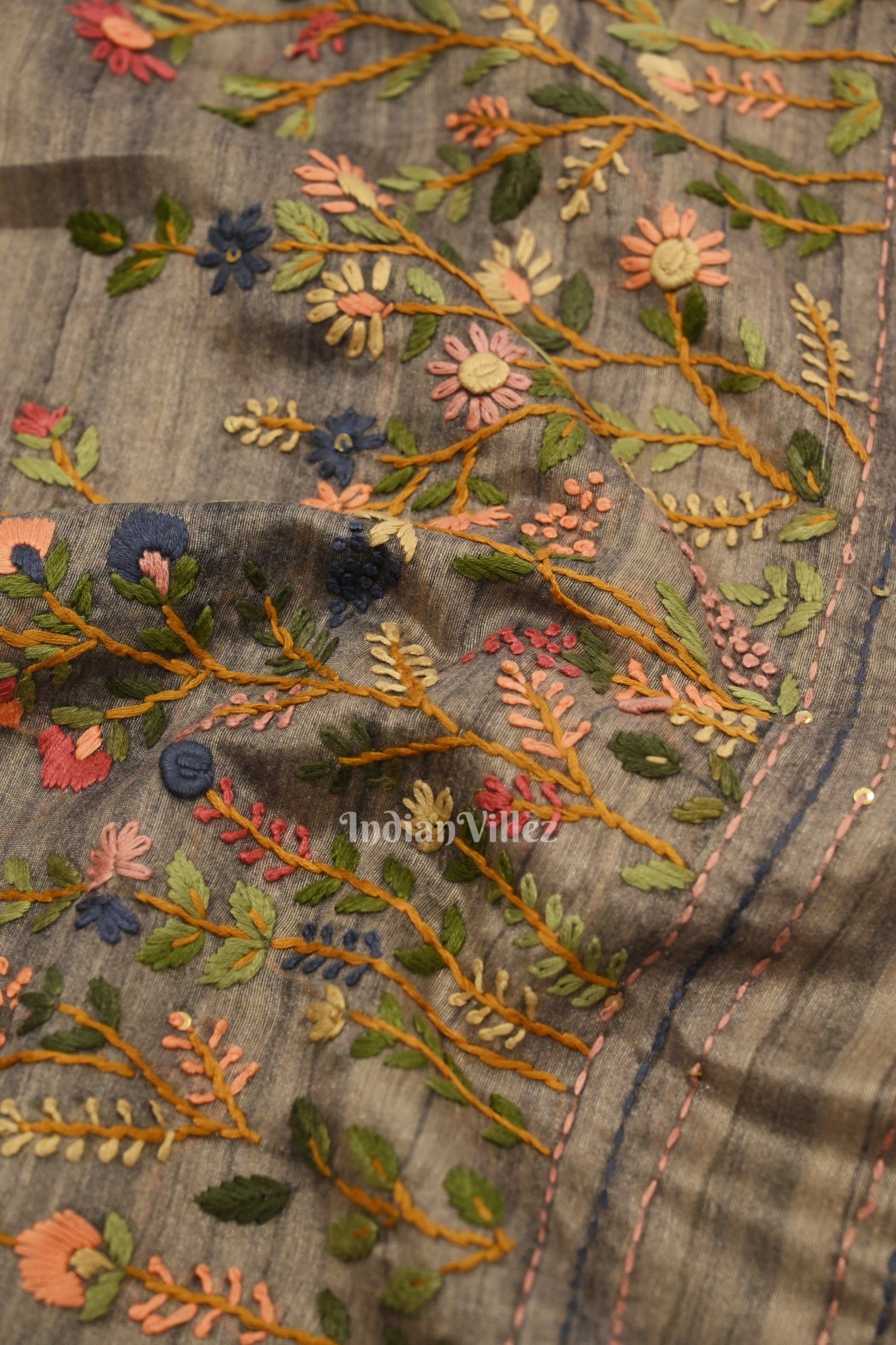 Multi Color Flower Tussar Banarasi Silk Saree