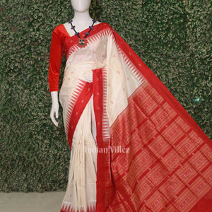Pure White Red Buti pattern Bomkai Sambalpuri Silk Saree