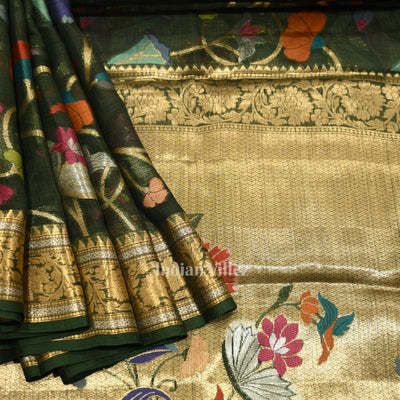 Bottle Green Pure Jamdani Banarasi Kota Silk Saree