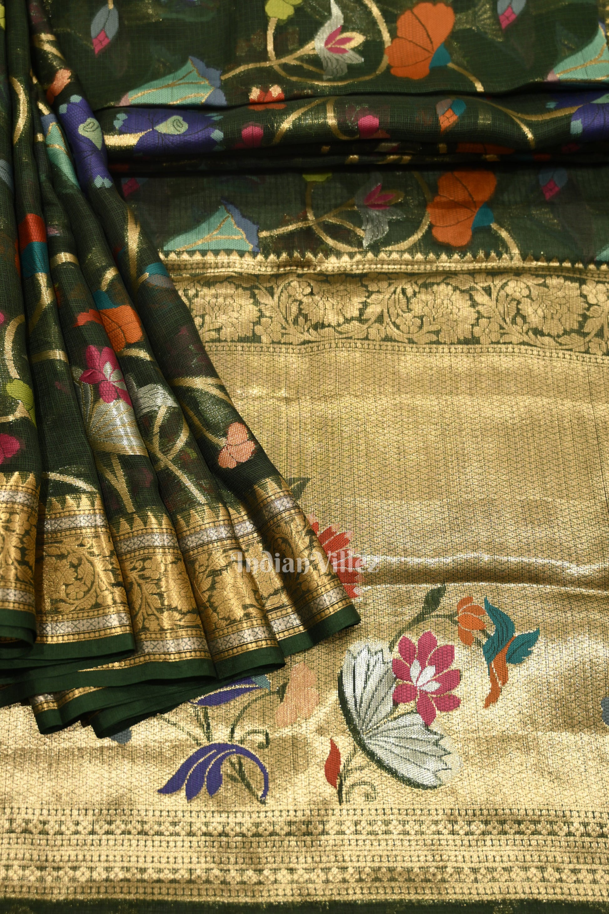 Bottle Green Pure Jamdani Banarasi Kota Silk Saree