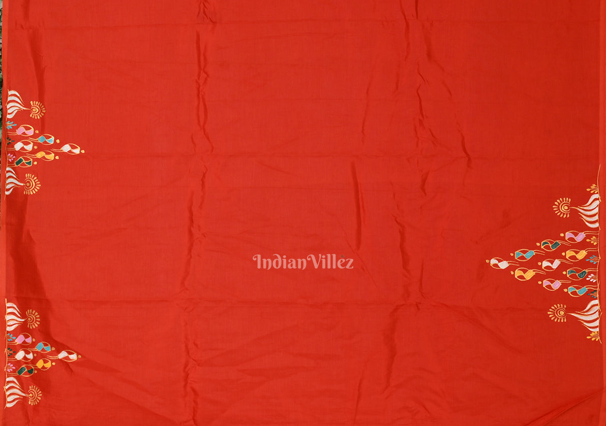 Fine & Elegant Orange Tribal Theme Hand-Painted Pattachitra Saree