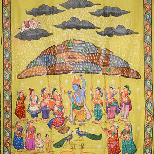 Yellow Giri Govardhan Hand-Painted Pattachitra Saree