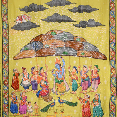 Yellow Giri Govardhan Hand-Painted Pattachitra Saree