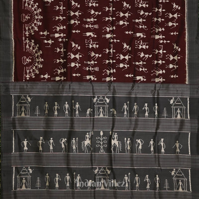 Coffee with Cement Gray Tribal Theme Ikat Contemporary Silk Saree