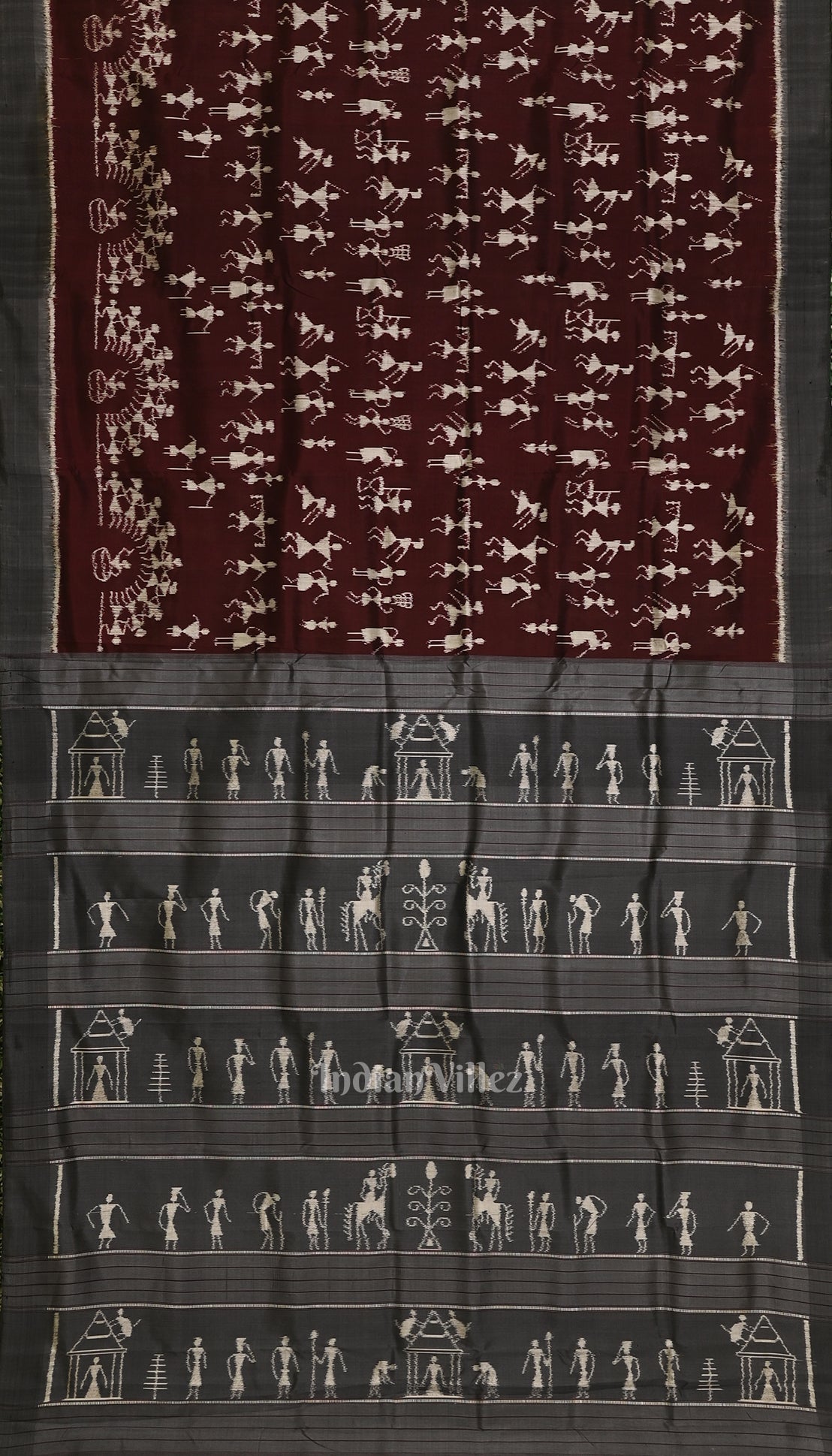 Coffee with Cement Gray Tribal Theme Ikat Contemporary Silk Saree