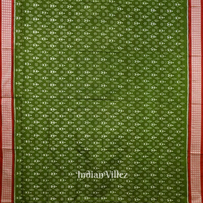 Dark Green With Red Anchal Tribal Theme Sambalpuri Silk Saree
