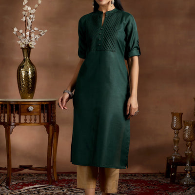 Green Solid Cotton Blend Straight Kurta