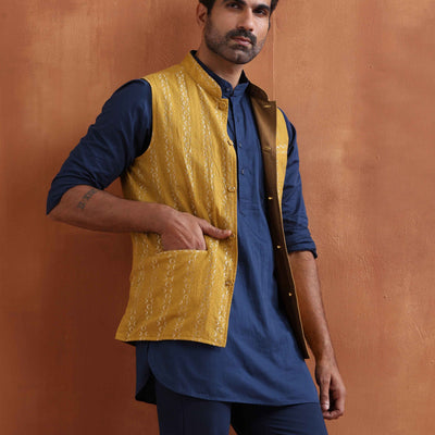 trueBrowns Men's Mustard Cotton Dobby Reversible Nehru Jacket