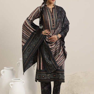 Grey Printed Wool Blend Straight Suit With Dupatta