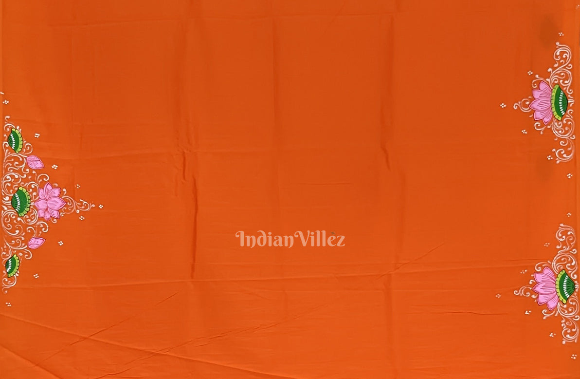 Orange Ramayana Theme Hand-Painted Pattachitra Saree
