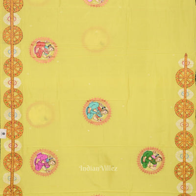 Yellow Shree Jagannath Ratha Yatra Hand-Painted Pattachitra Saree