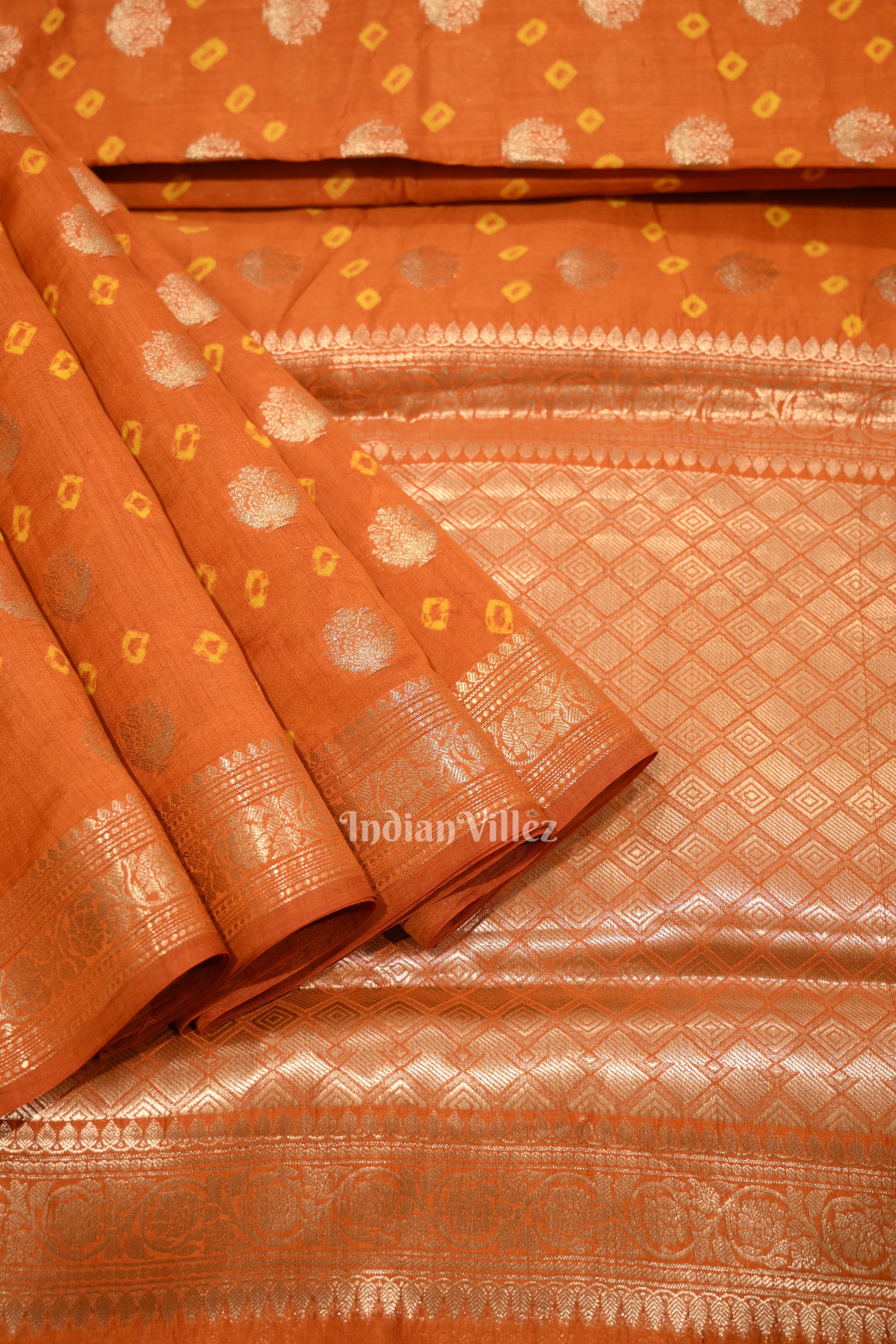 Orange Bandhini Work Pure Chiniya Silk Banarasi Saree