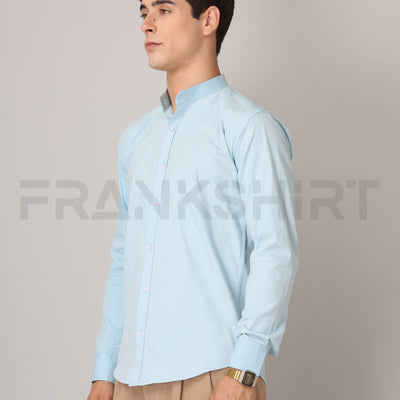 Frankshirt Chinese Collar Light Blue Tailored Fit Cotton Casual Shirt for Man
