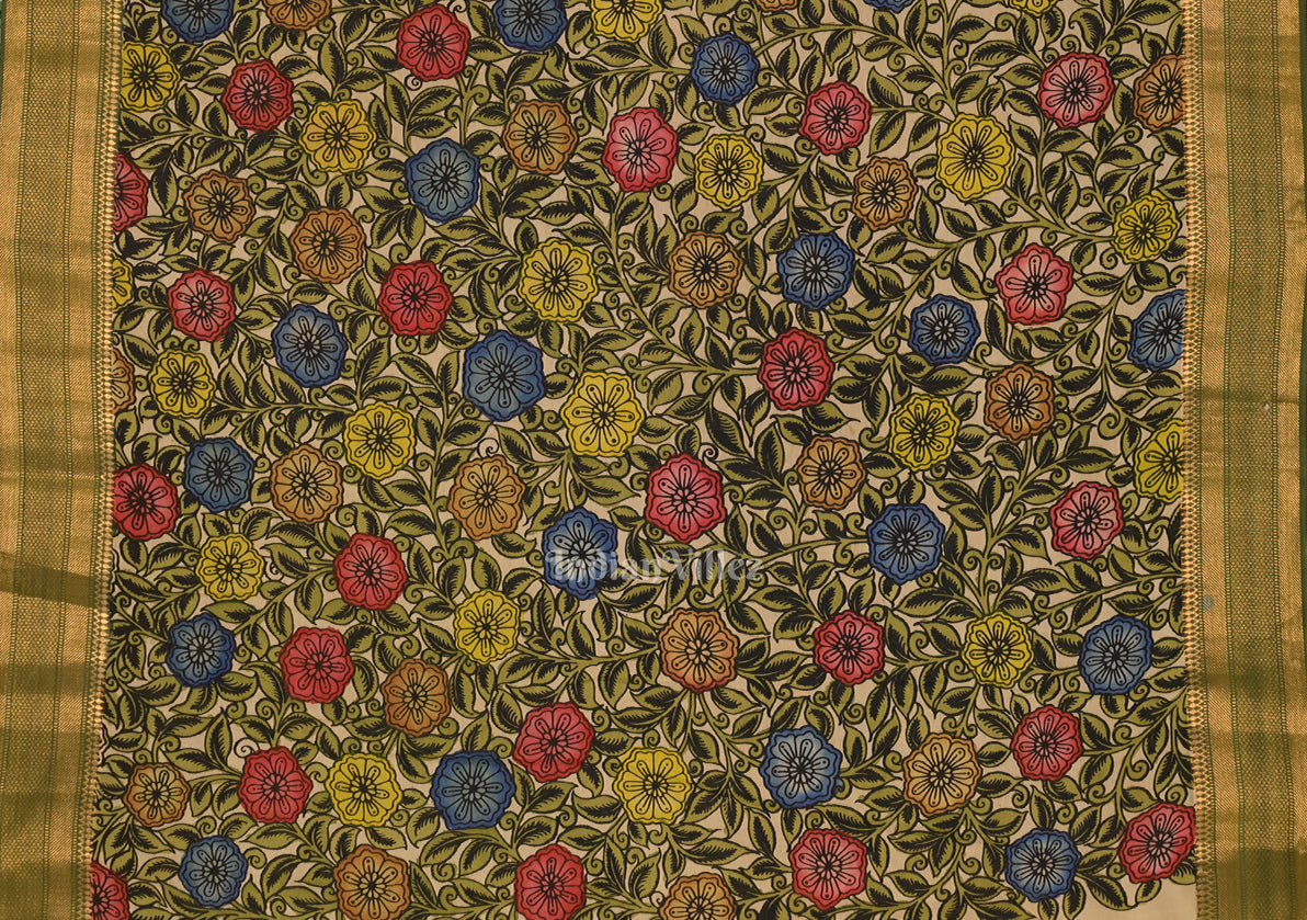 Multicolour Hand-Painted Natural Dye Cotton Kalamkari Saree