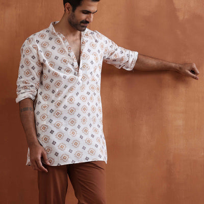 trueBrowns Men's Ivory Printed Short Kurta