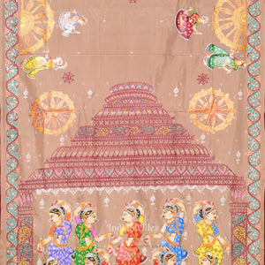 Beige Cream Maroon Nataki Konark Temple Hand-Painted Pattachitra Saree