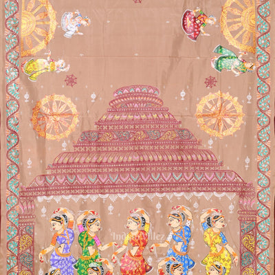 Beige Cream Maroon Nataki Konark Temple Hand-Painted Pattachitra Saree