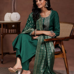 Green Yoke Design Silk Blend Straight Suit With Dupatta