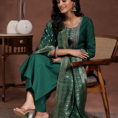 Green Yoke Design Silk Blend Straight Suit With Dupatta