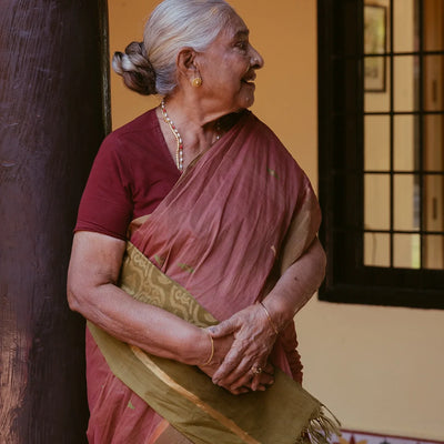 Dusty Pink Handloom Village Cotton Saree With Floral Meenakari Buttas