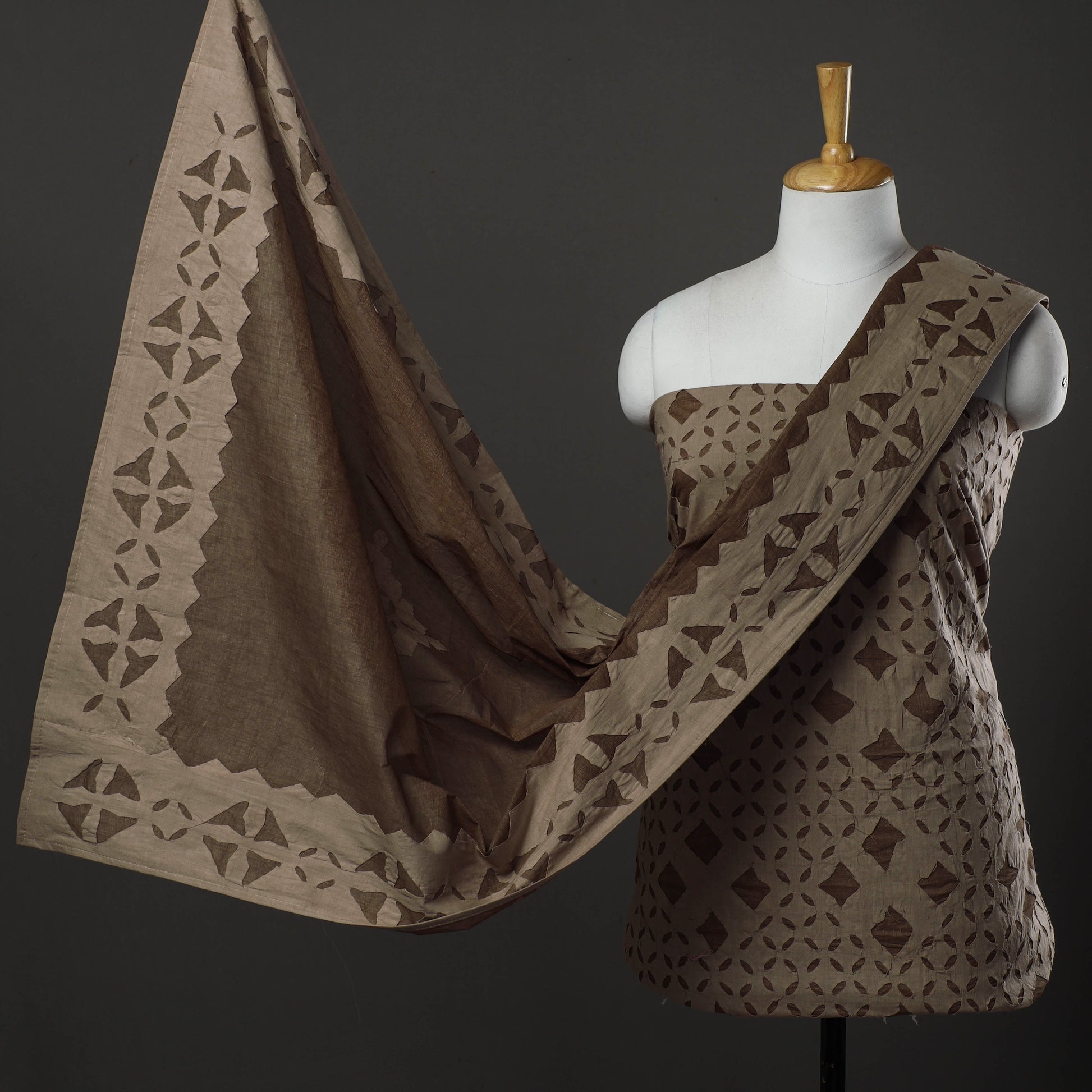 Brown - 3pc Cut Work Cotton Barmer Applique Dress Material 11